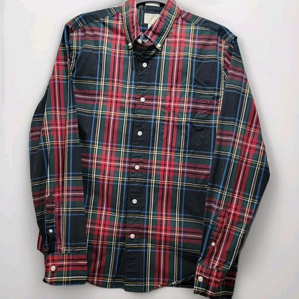 J. Crew Stretch Men Med Slim Untucked Shirt Button Down Green Red Plaid‎ Organic